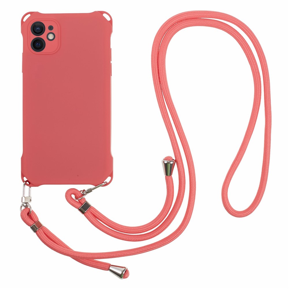 Phone Cover for iPhone 12 6.1 inch Shockproof Four Corner Thickened TPU Back Case with Hanging Rope - Red