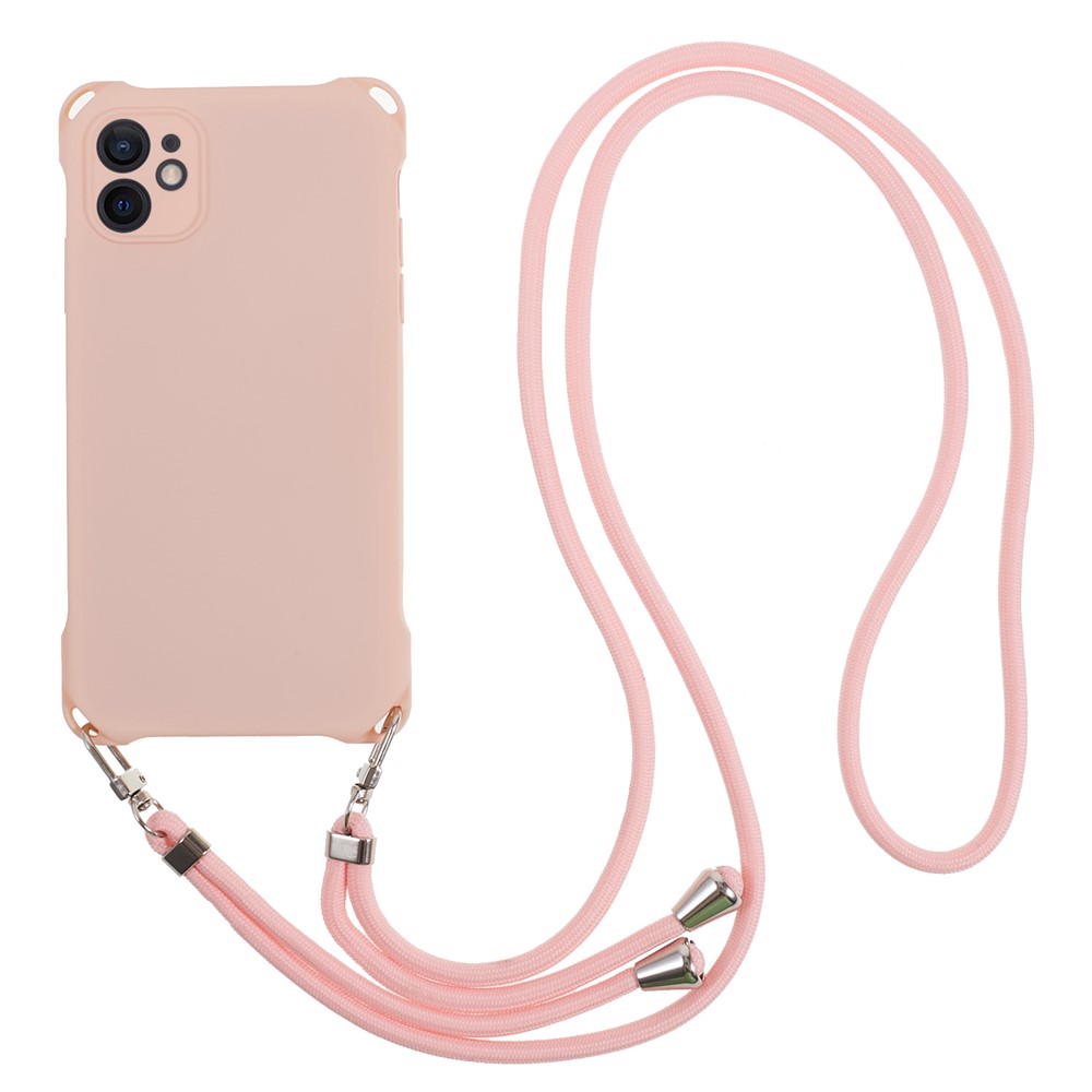 Phone Cover for iPhone 12 6.1 inch Shockproof Four Corner Thickened TPU Back Case with Hanging Rope - Pink