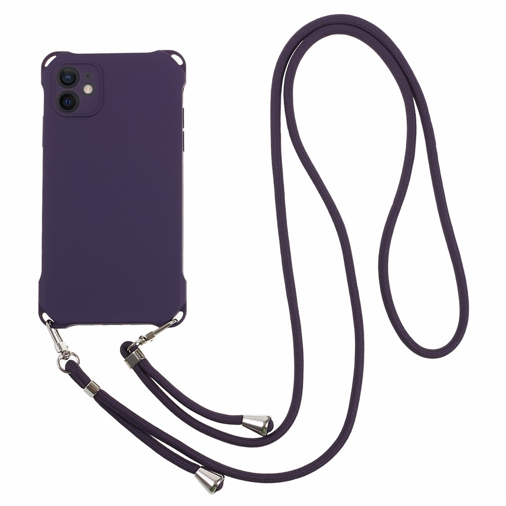 Phone Cover for iPhone 12 6.1 inch Shockproof Four Corner Thickened TPU Back Case with Hanging Rope - Dark Purple