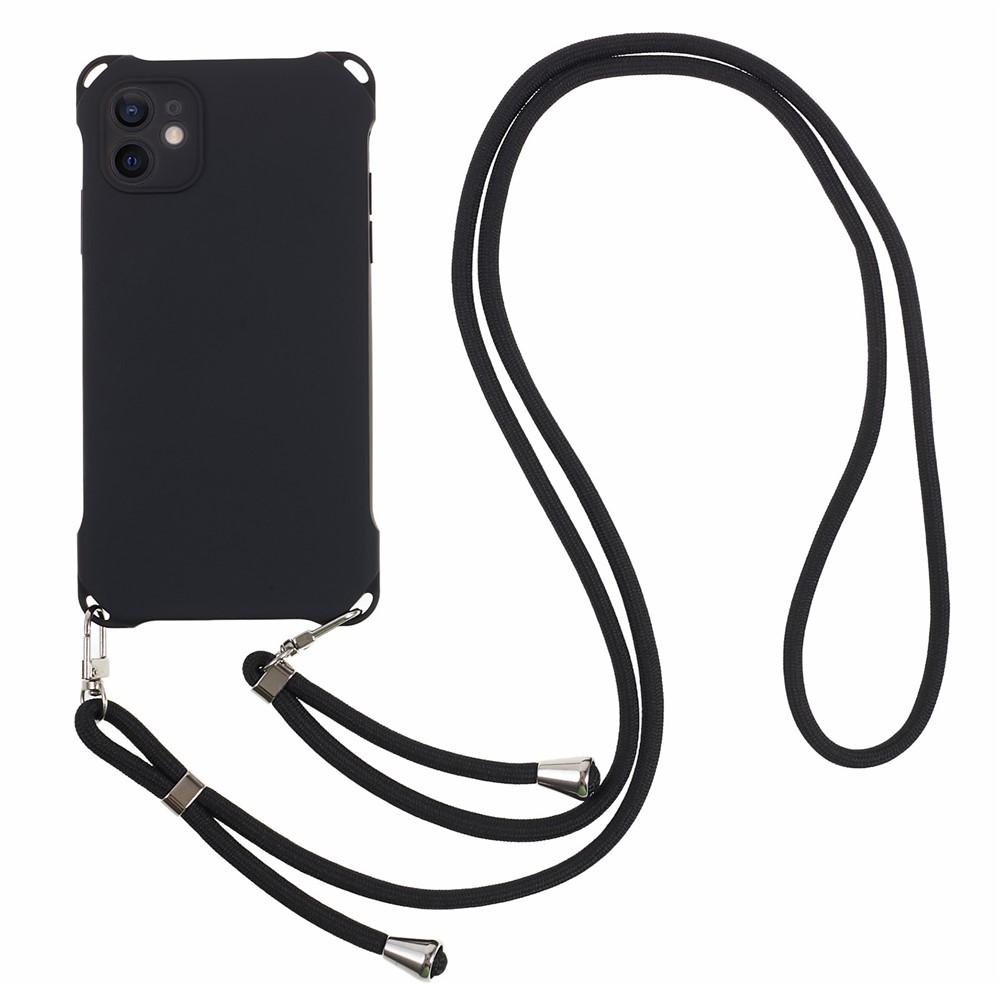 Phone Cover for iPhone 12 6.1 inch Shockproof Four Corner Thickened TPU Back Case with Hanging Rope - Black