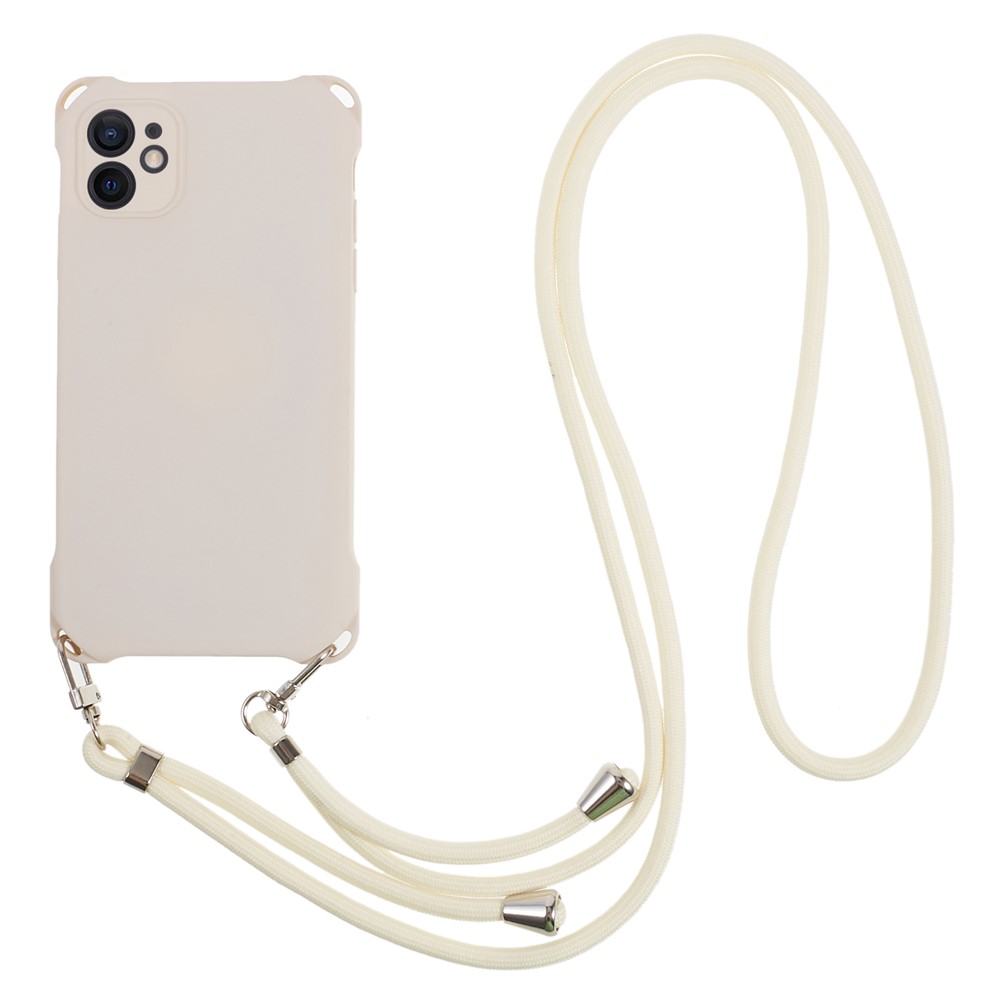 Phone Cover for iPhone 12 6.1 inch Shockproof Four Corner Thickened TPU Back Case with Hanging Rope - Beige
