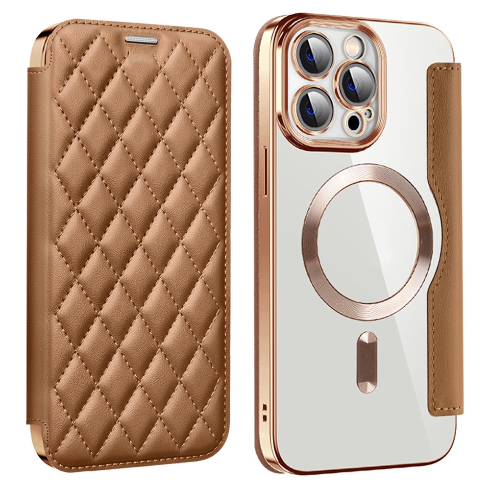 For iPhone 11 Pro Max RFID Blocking Anti Fall Cover with Lens Film Rhombus Leather Card Holder Case Compatible with MagSafe - Brown