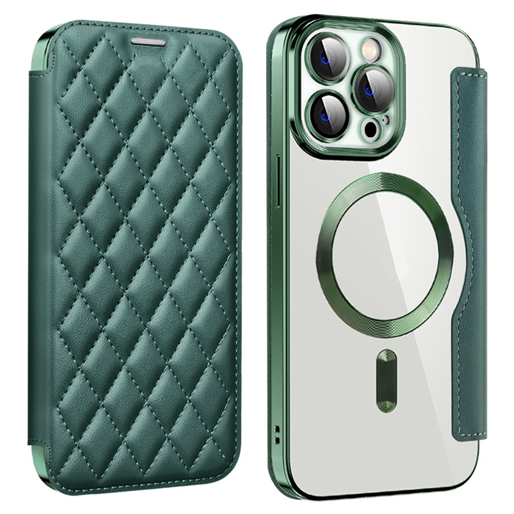 For iPhone 11 Pro Max RFID Blocking Anti Fall Cover with Lens Film Rhombus Leather Card Holder Case Compatible with MagSafe - Blackish Green
