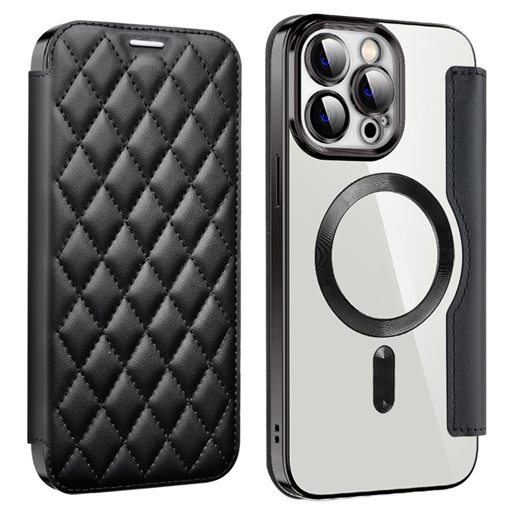 For iPhone 11 Pro Max RFID Blocking Anti Fall Cover with Lens Film Rhombus Leather Card Holder Case Compatible with MagSafe - Black