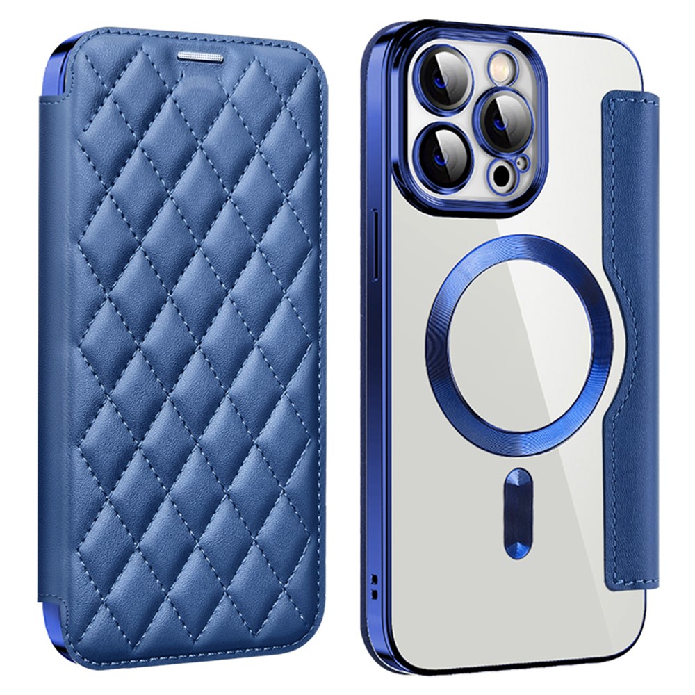 For iPhone 11 Pro Max RFID Blocking Anti Fall Cover with Lens Film Rhombus Leather Card Holder Case Compatible with MagSafe - Sapphire