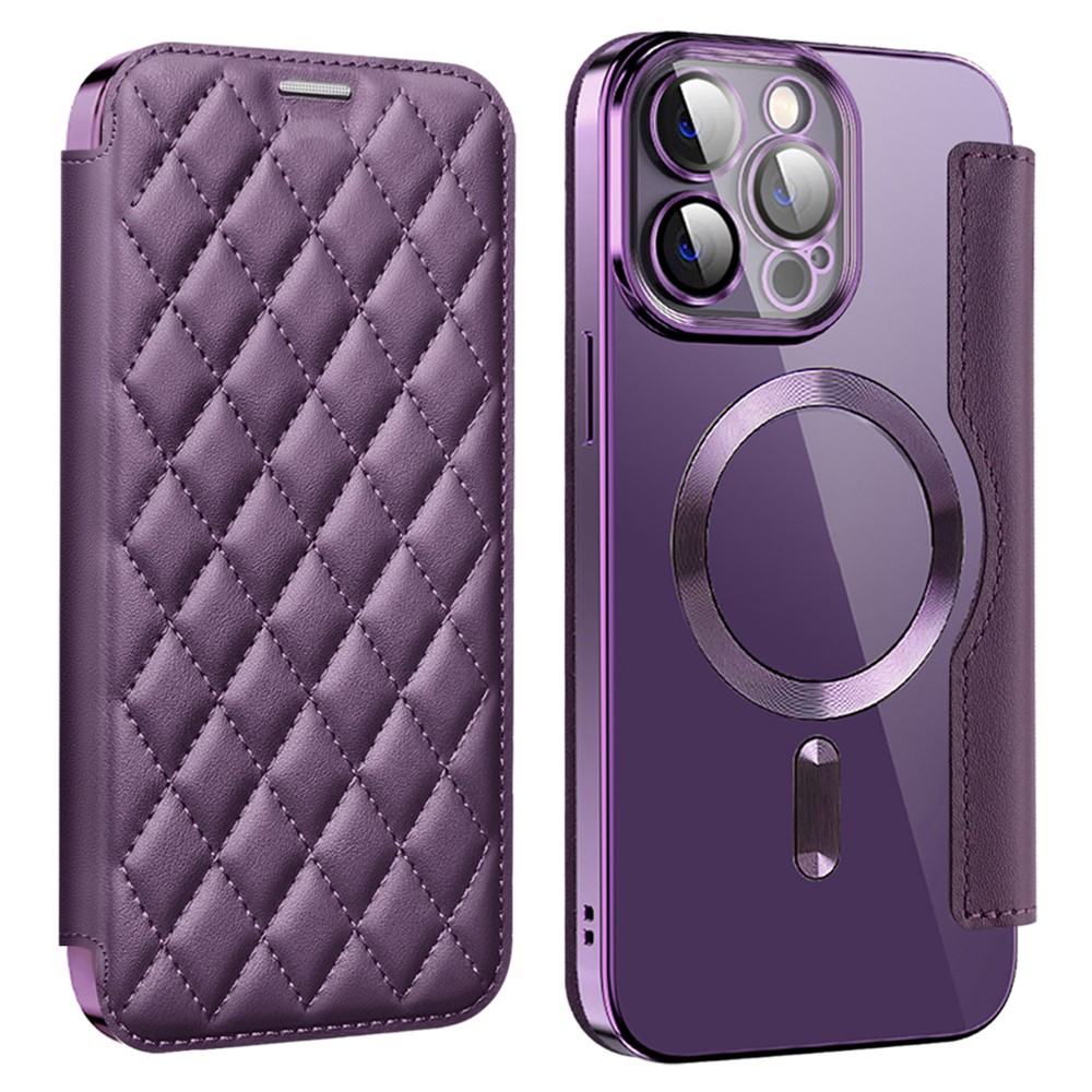 For iPhone 11 Pro Max RFID Blocking Anti Fall Cover with Lens Film Rhombus Leather Card Holder Case Compatible with MagSafe - Purple