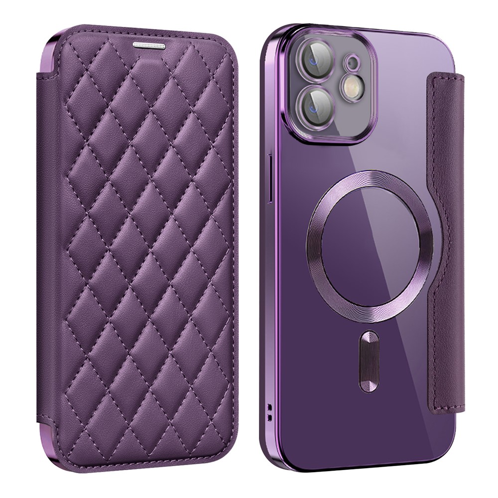 For iPhone 12 6.1 inch Card Holder Leather Phone Case Compatible with MagSafe Built-in Lens Film RFID Blocking Cover - Purple