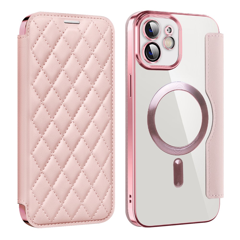 For iPhone 12 6.1 inch Card Holder Leather Phone Case Compatible with MagSafe Built-in Lens Film RFID Blocking Cover - Pink