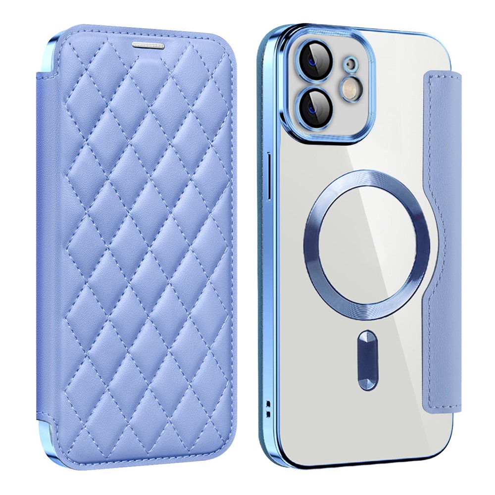 For iPhone 12 6.1 inch Card Holder Leather Phone Case Compatible with MagSafe Built-in Lens Film RFID Blocking Cover - Baby Blue