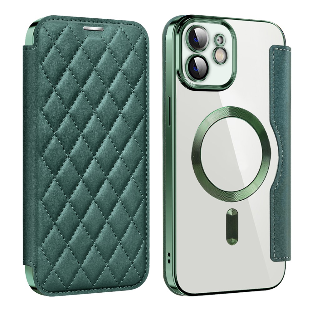 For iPhone 12 6.1 inch Card Holder Leather Phone Case Compatible with MagSafe Built-in Lens Film RFID Blocking Cover - Blackish Green