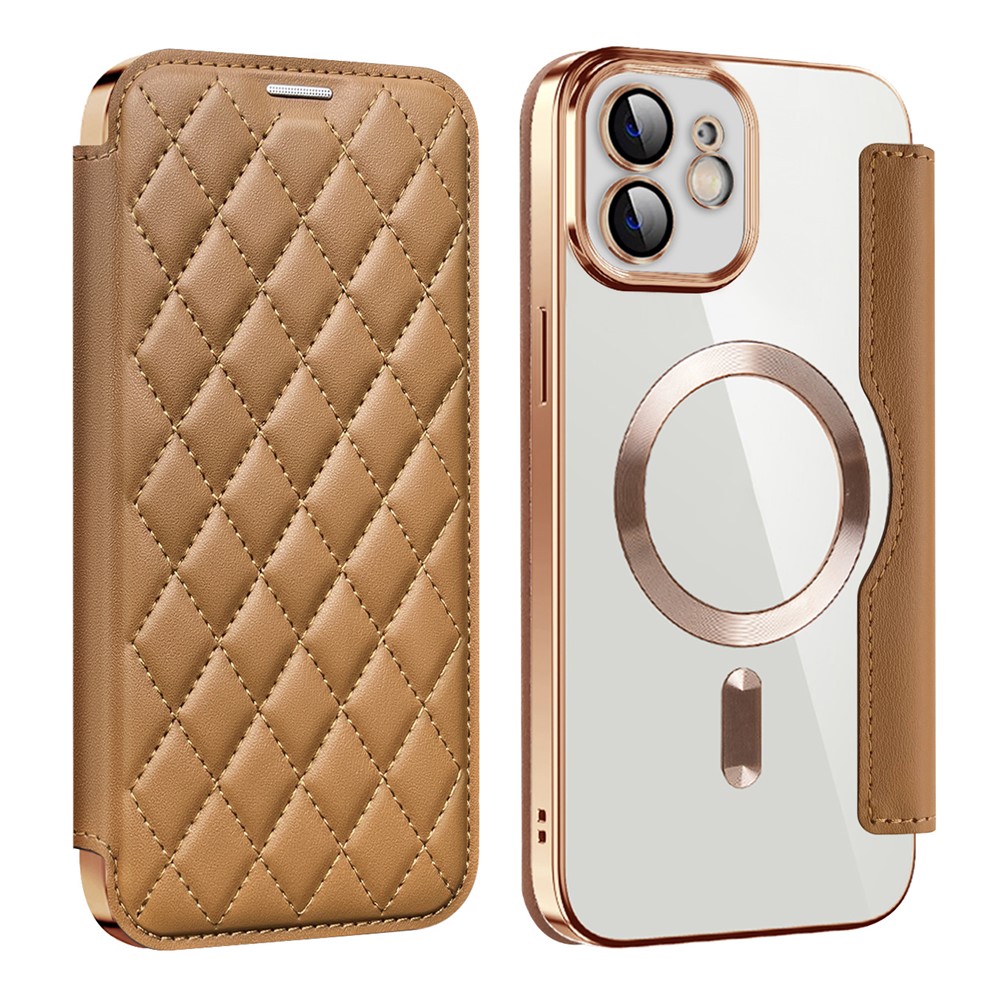 For iPhone 12 6.1 inch Card Holder Leather Phone Case Compatible with MagSafe Built-in Lens Film RFID Blocking Cover - Brown