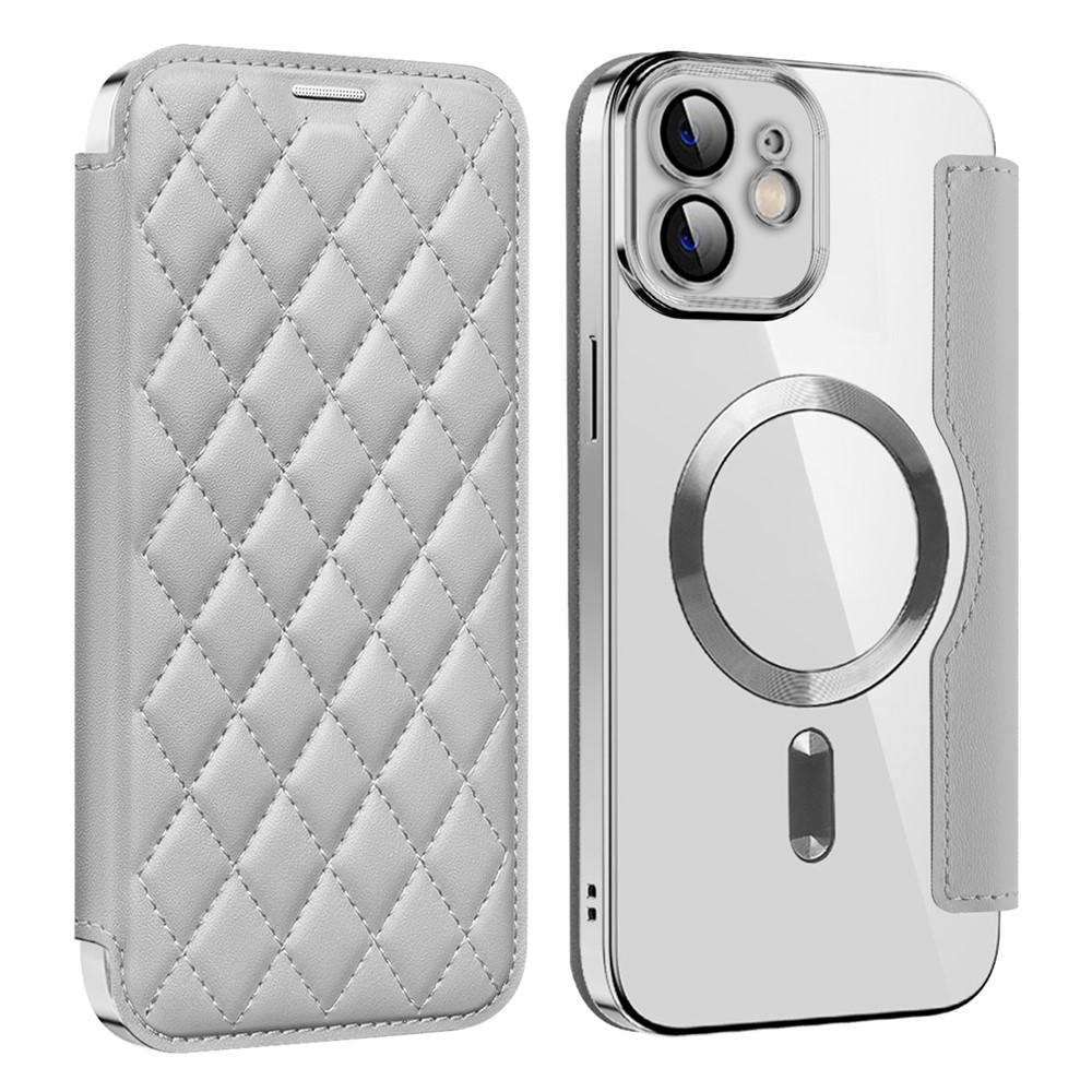 For iPhone 12 6.1 inch Leather Phone Case Compatible with MagSafe Built-in Lens Film RFID Blocking Cover - Titanium Grey