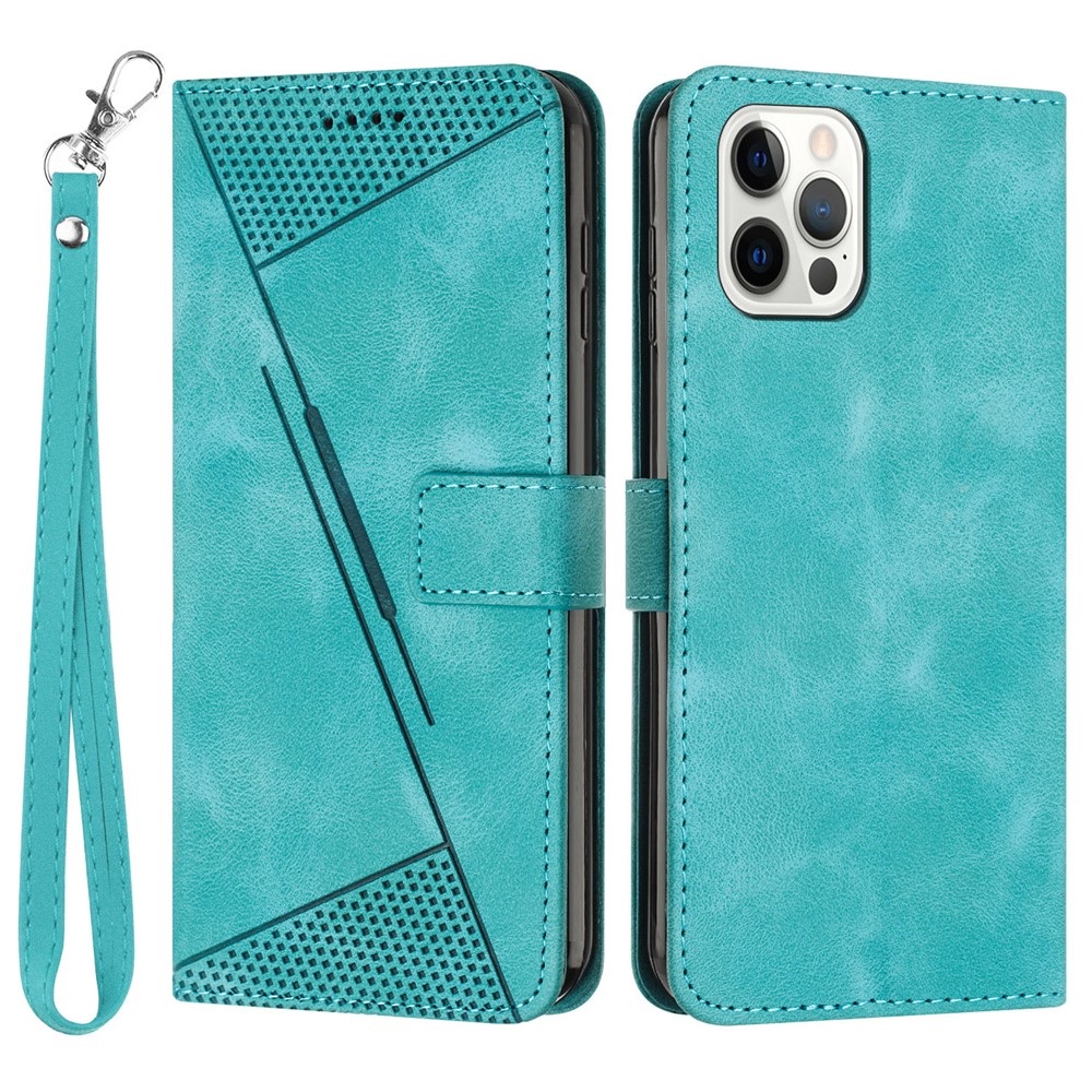 For iPhone 12 / iPhone 12 Pro 6.1 inch PU Leather Stand Phone Case Triangle Imprinted Wallet Cover with Strap - Green