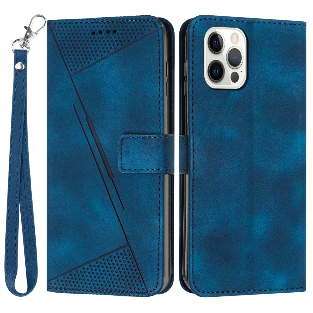 For iPhone 12 / iPhone 12 Pro 6.1 inch PU Leather Stand Phone Case Triangle Imprinted Wallet Cover with Strap - Sapphire