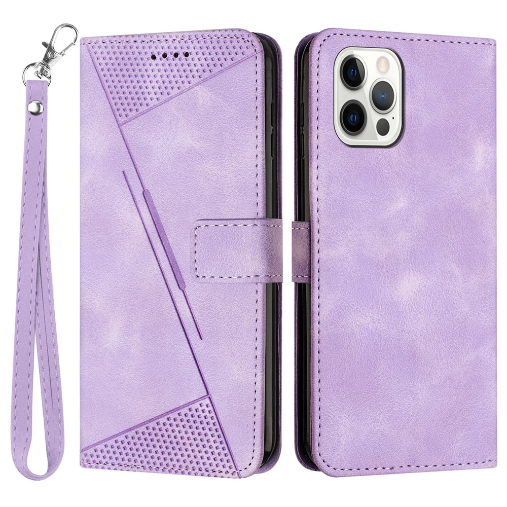 For iPhone 12 / iPhone 12 Pro 6.1 inch PU Leather Stand Phone Case Triangle Imprinted Wallet Cover with Strap - Purple