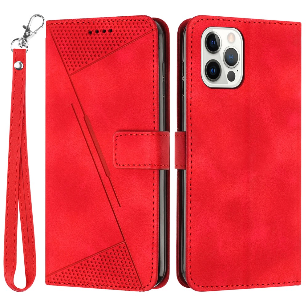 For iPhone 12 / iPhone 12 Pro 6.1 inch PU Leather Stand Phone Case Triangle Imprinted Wallet Cover with Strap - Red