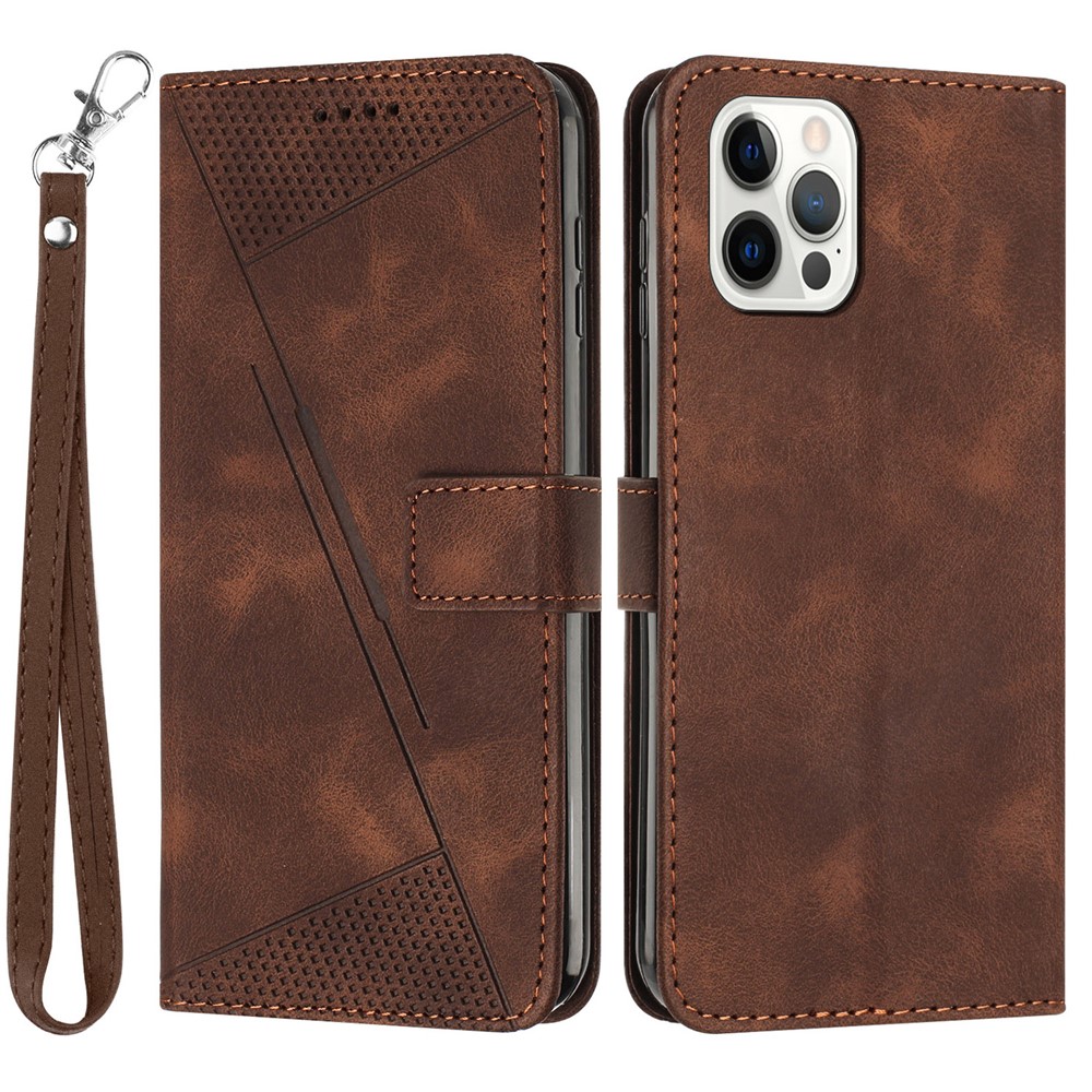 For iPhone 12 / iPhone 12 Pro 6.1 inch PU Leather Stand Phone Case Triangle Imprinted Wallet Cover with Strap - Brown