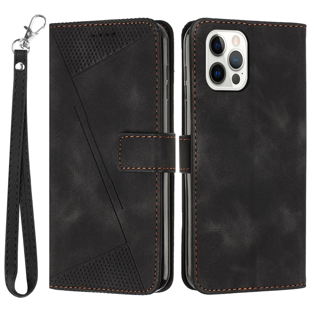 For iPhone 12 / iPhone 12 Pro 6.1 inch PU Leather Stand Phone Case Triangle Imprinted Wallet Cover with Strap - Black