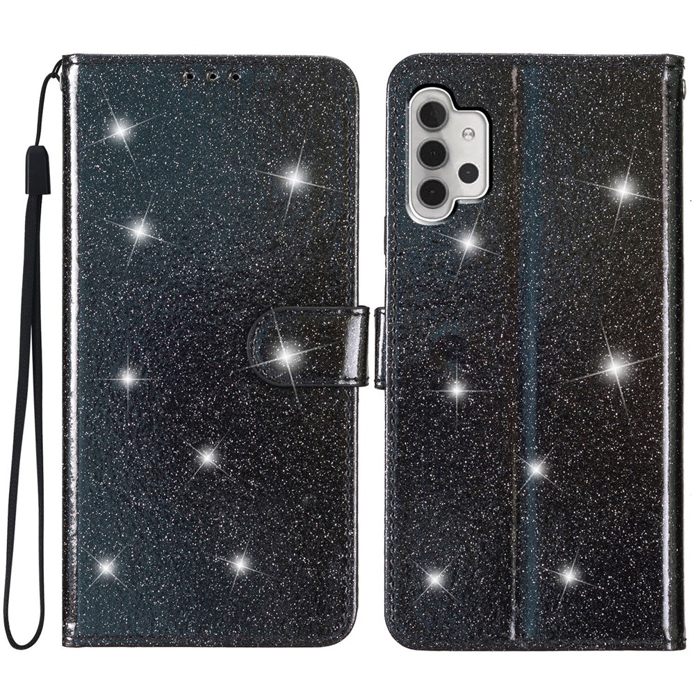 For Samsung Galaxy A32 4G (EU Version) Glittery PU Leather Fully Wrapped Case Wallet Stand Phone Cover - Black