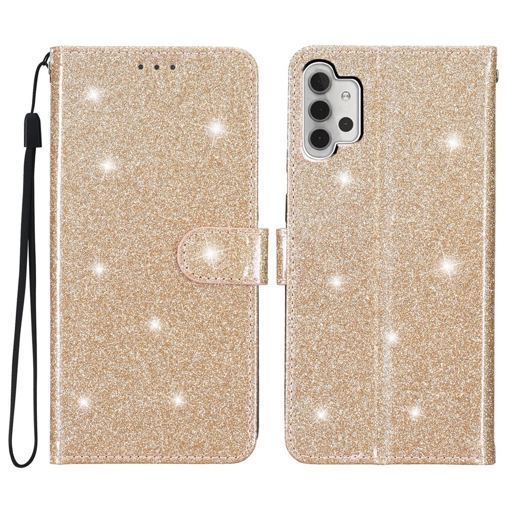 For Samsung Galaxy A32 4G (EU Version) Glittery PU Leather Fully Wrapped Case Wallet Stand Phone Cover - Gold