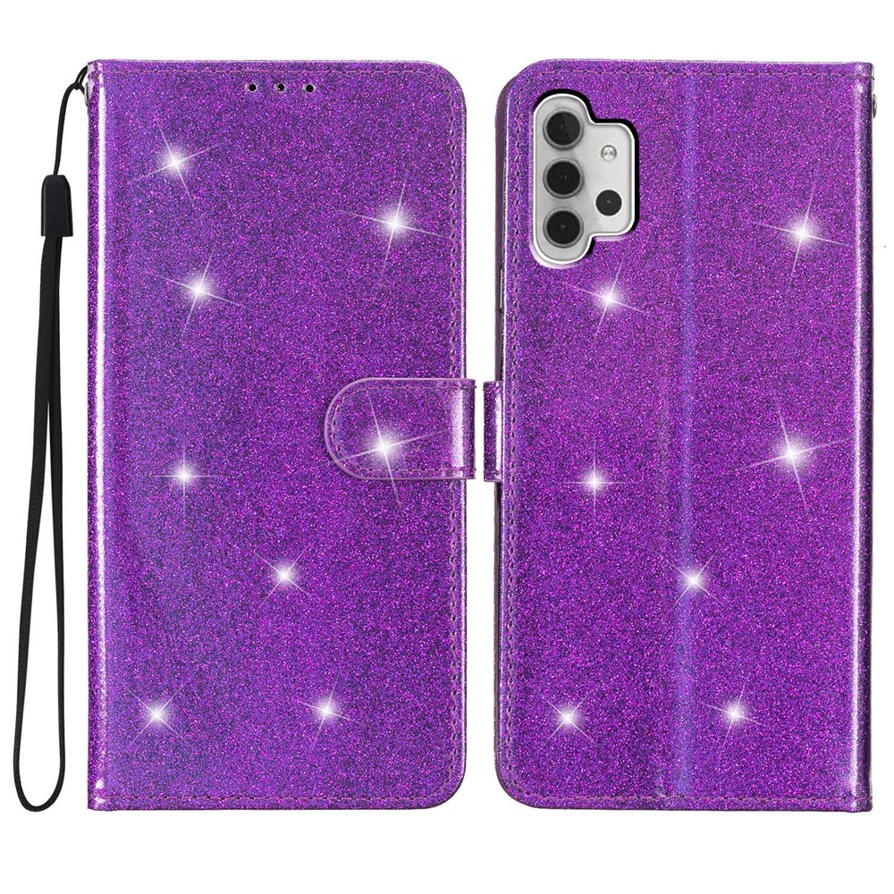 For Samsung Galaxy A32 4G (EU Version) Glittery PU Leather Fully Wrapped Case Wallet Stand Phone Cover - Purple