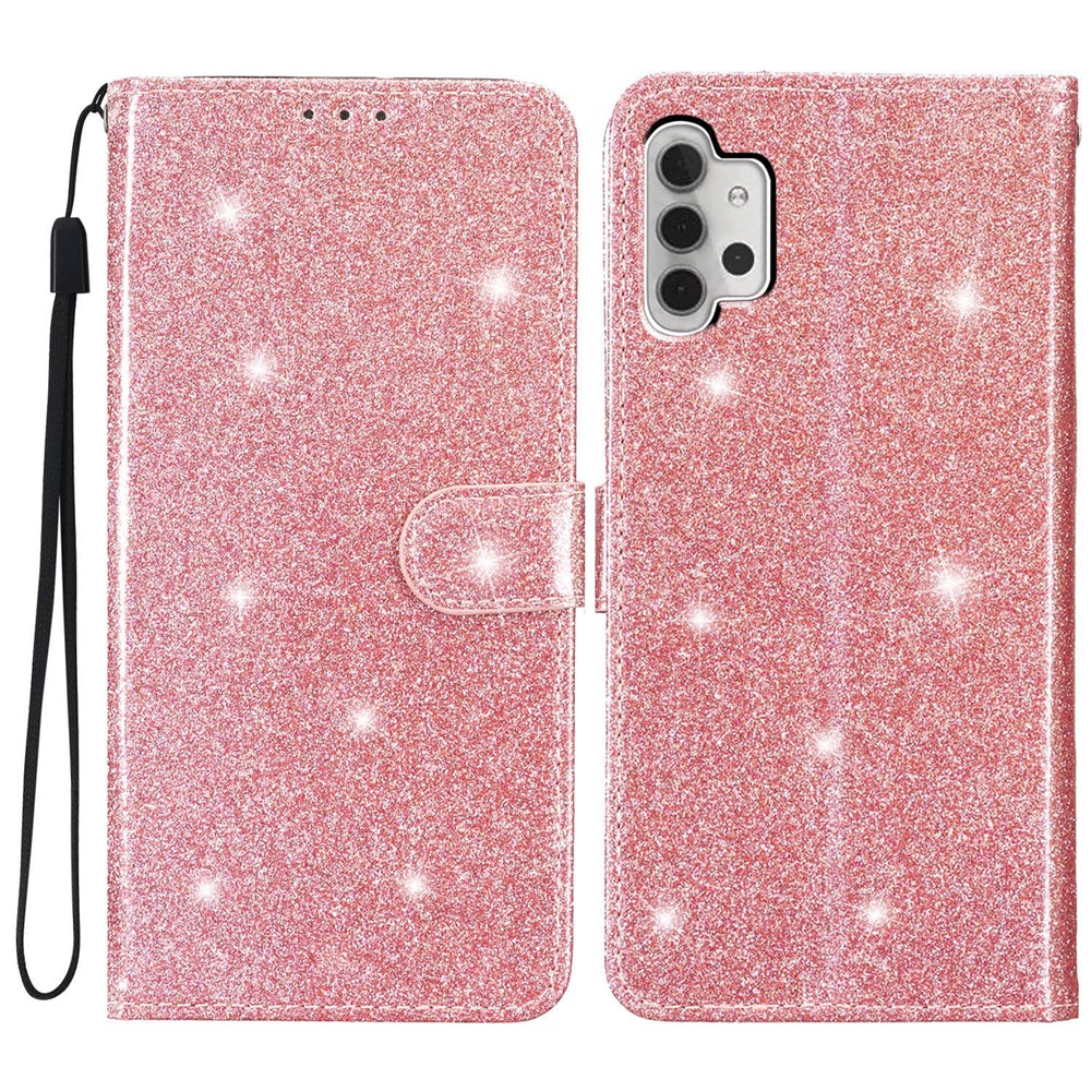 For Samsung Galaxy A32 4G (EU Version) Glittery PU Leather Fully Wrapped Case Wallet Stand Phone Cover - Rose Gold
