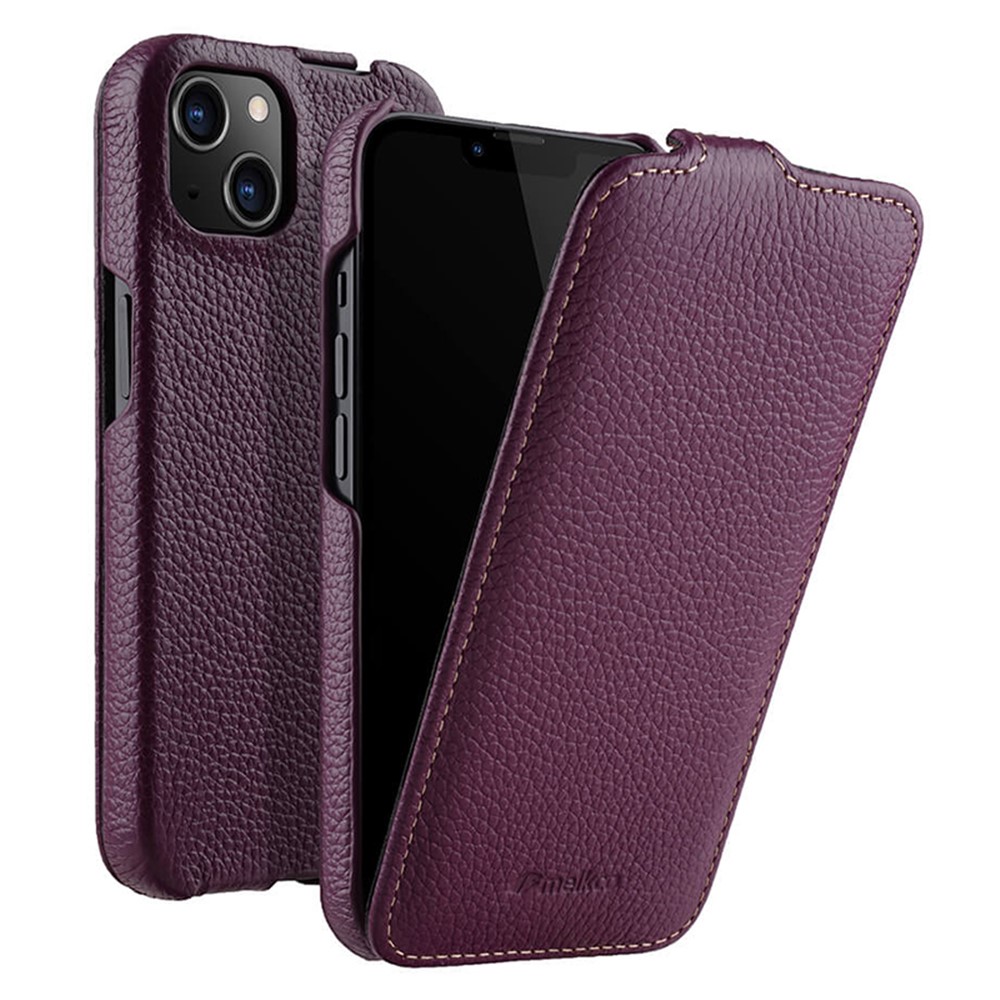MELKCO For iPhone 13 mini Genuine Cow Leather+PC Phone Case Vertical Flip Litchi Texture Protective Cover - Purple