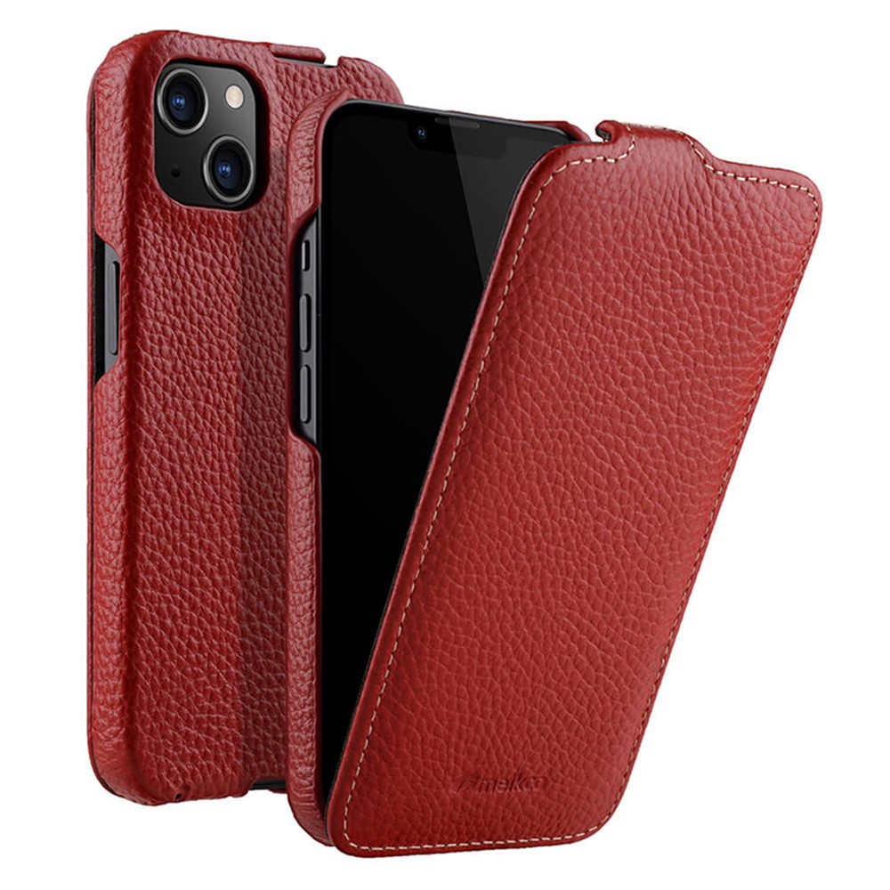 MELKCO For iPhone 13 mini Genuine Cow Leather+PC Phone Case Vertical Flip Litchi Texture Protective Cover - Red
