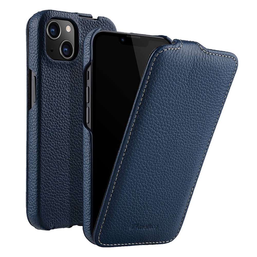 MELKCO For iPhone 13 mini Genuine Cow Leather+PC Phone Case Vertical Flip Litchi Texture Protective Cover - Dark Blue