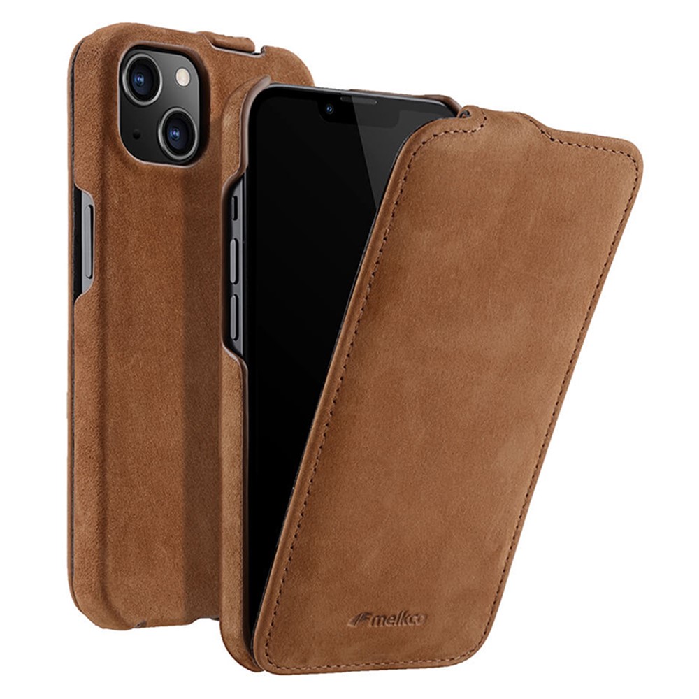 MELKCO For iPhone 13 mini Genuine Cow Leather+PC Phone Case Vertical Flip Matte Texture Protective Cover - Coffee