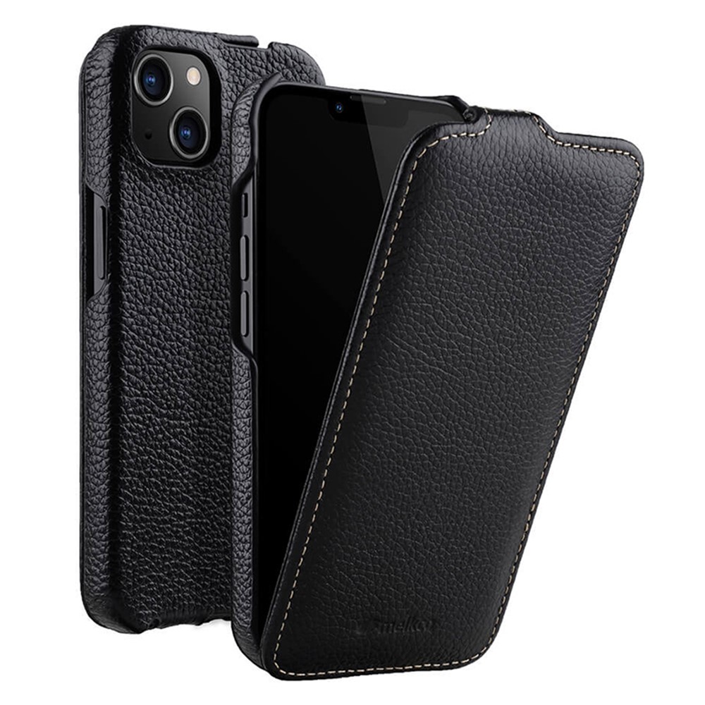 MELKCO For iPhone 13 mini Genuine Cow Leather+PC Phone Case Vertical Flip Litchi Texture Protective Cover - Black