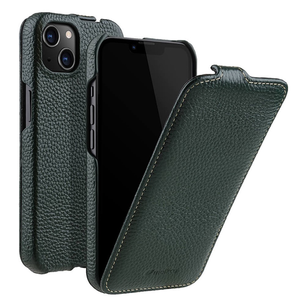 MELKCO For iPhone 13 mini Genuine Cow Leather+PC Phone Case Vertical Flip Litchi Texture Protective Cover - Dark Green
