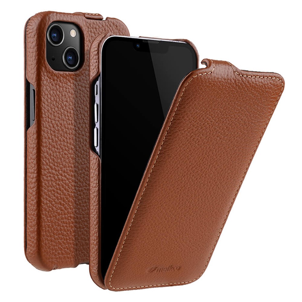 MELKCO For iPhone 13 mini Genuine Cow Leather+PC Phone Case Vertical Flip Litchi Texture Protective Cover - Brown