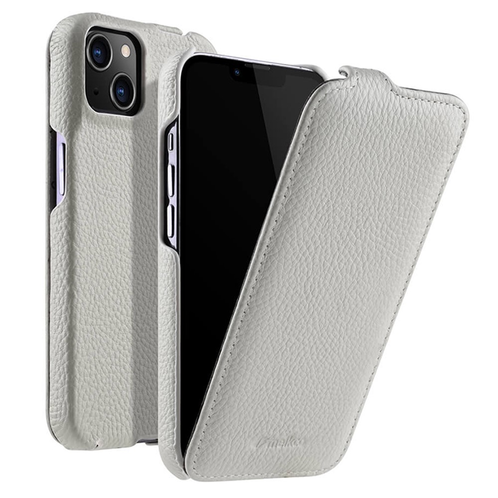 MELKCO For iPhone 13 mini Genuine Cow Leather+PC Phone Case Vertical Flip Litchi Texture Protective Cover - White