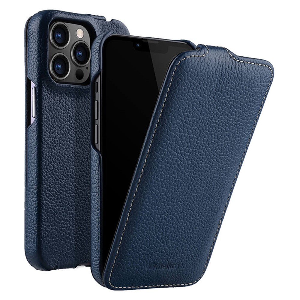 MELKCO For iPhone 12 / 12 Pro Vertical Flip Phone Case Genuine Cow Leather+PC Litchi Texture Cover - Dark Blue