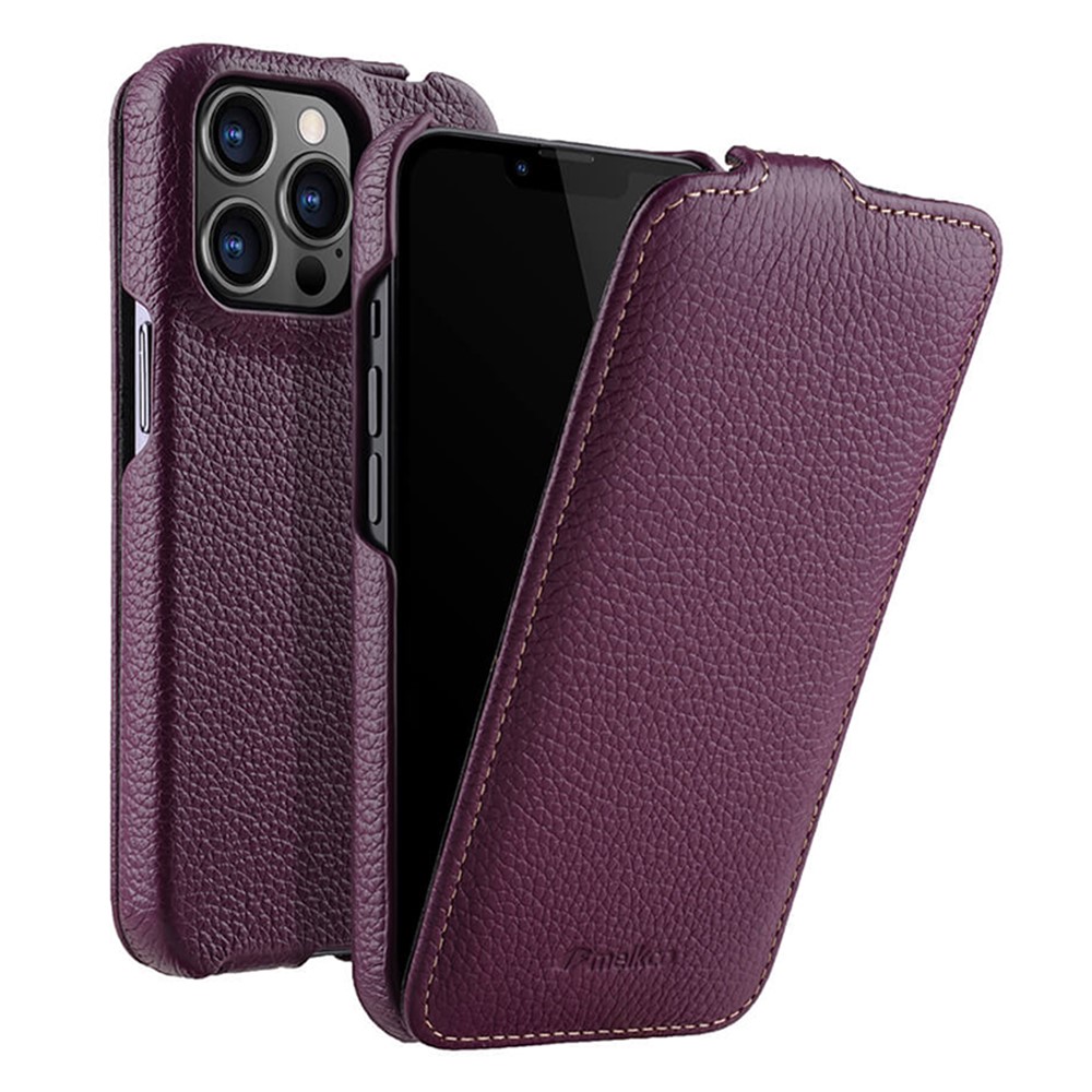 MELKCO For iPhone 12 / 12 Pro Vertical Flip Phone Case Genuine Cow Leather+PC Litchi Texture Cover - Purple
