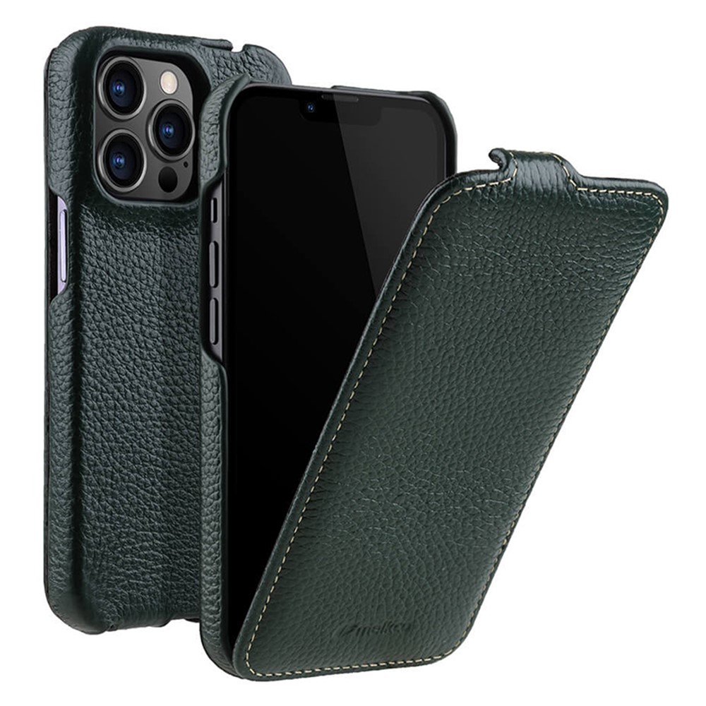 MELKCO For iPhone 12 / 12 Pro Vertical Flip Phone Case Genuine Cow Leather+PC Litchi Texture Cover - Dark Green