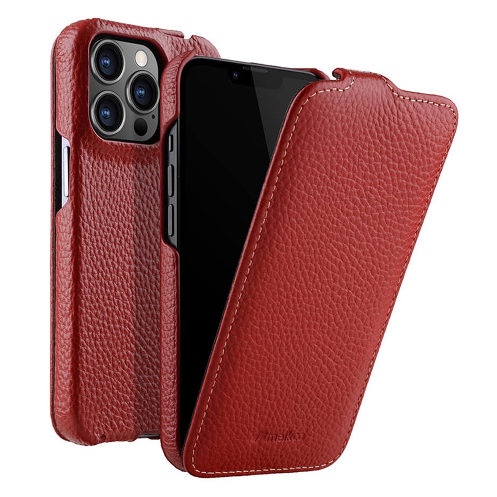 MELKCO For iPhone 12 / 12 Pro Vertical Flip Phone Case Genuine Cow Leather+PC Litchi Texture Cover - Red