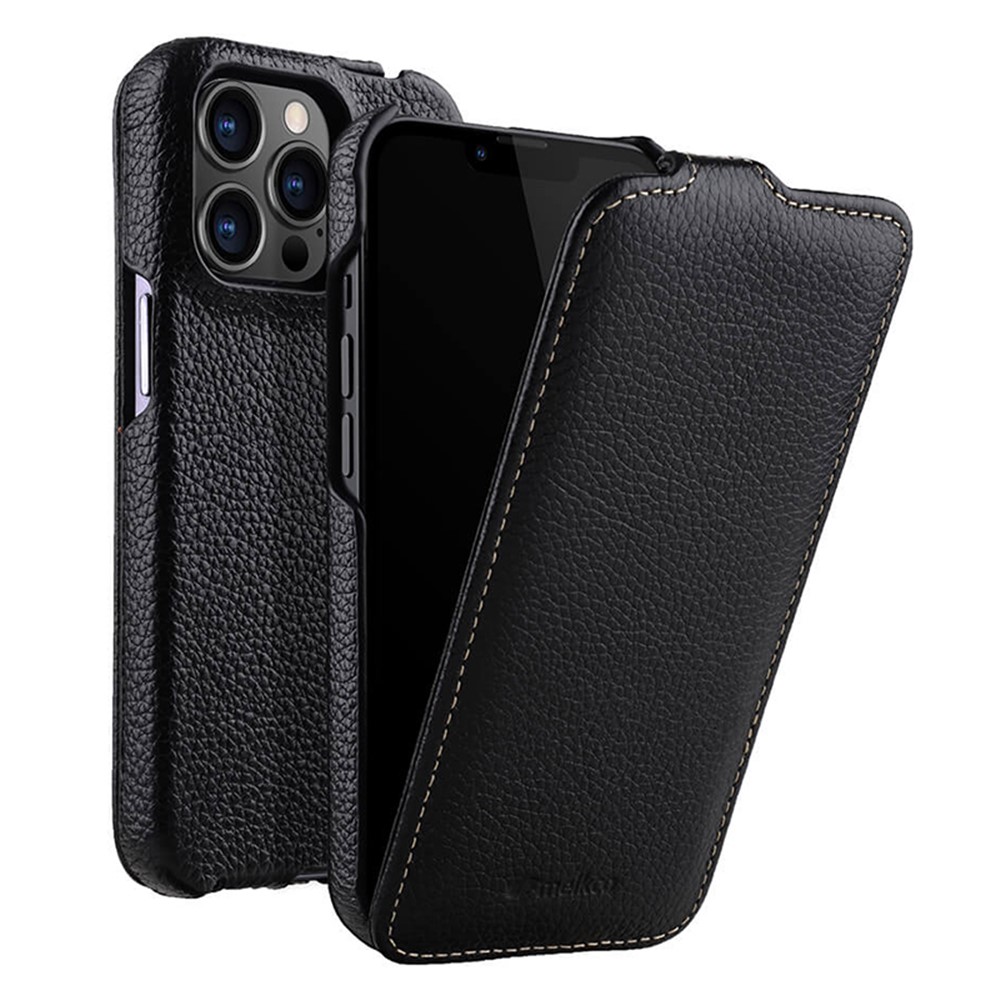 MELKCO For iPhone 12 / 12 Pro Vertical Flip Phone Case Genuine Cow Leather+PC Litchi Texture Cover - Black