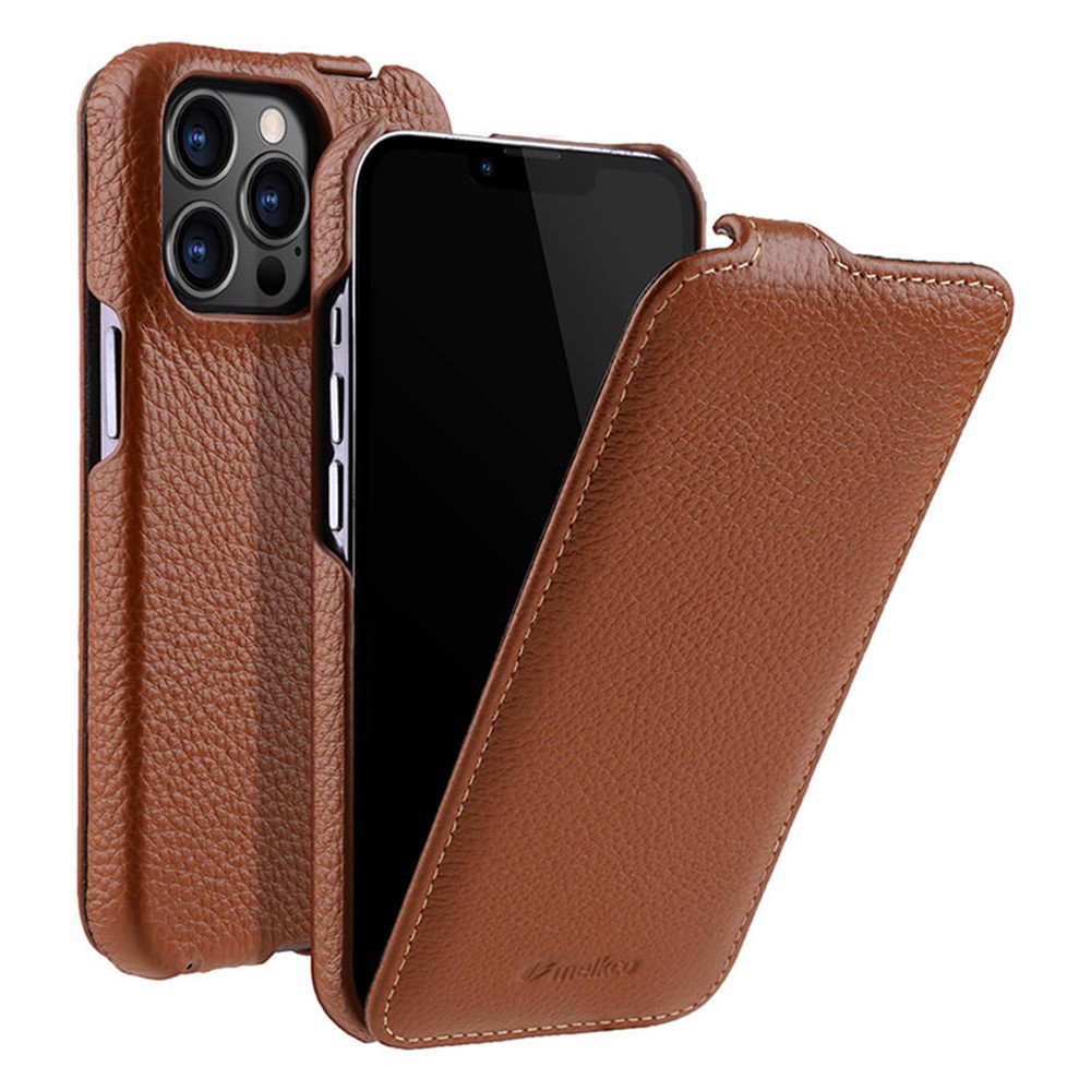 MELKCO For iPhone 12 / 12 Pro Vertical Flip Phone Case Genuine Cow Leather+PC Litchi Texture Cover - Brown