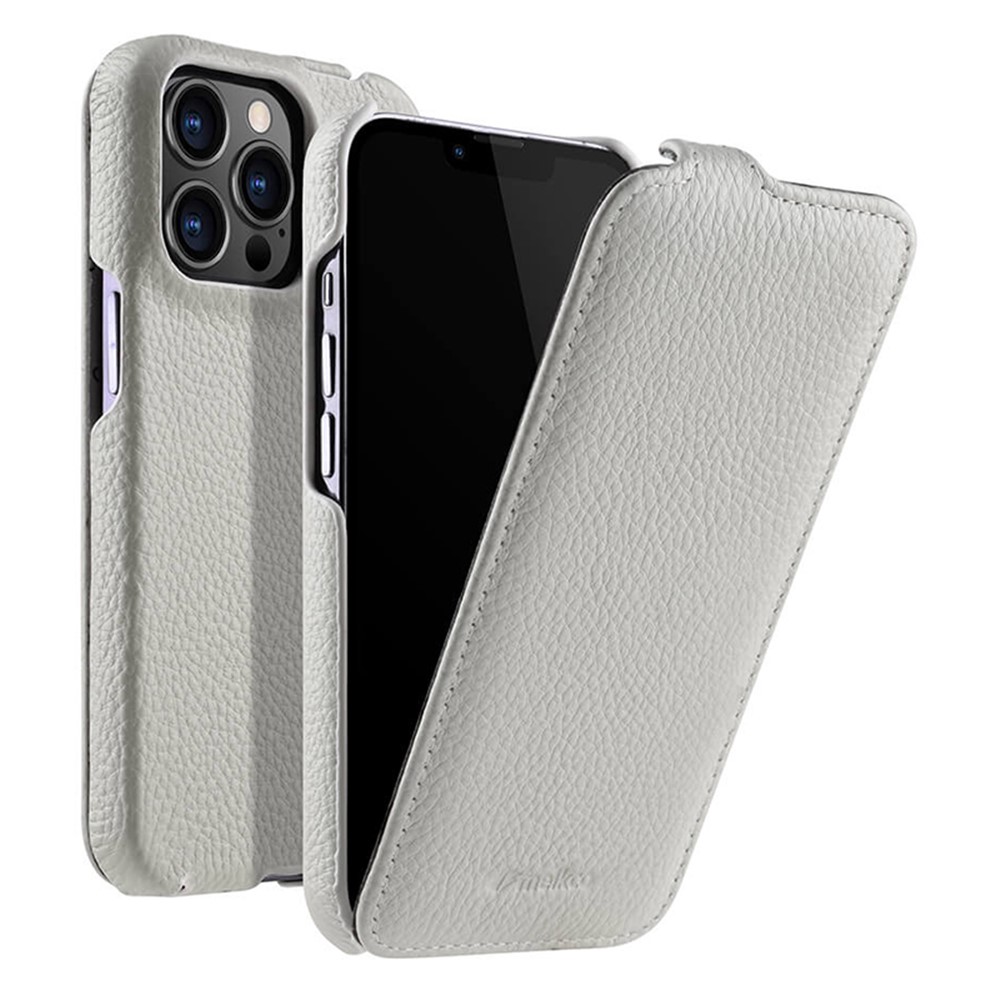MELKCO For iPhone 12 / 12 Pro Vertical Flip Phone Case Genuine Cow Leather+PC Litchi Texture Cover - White