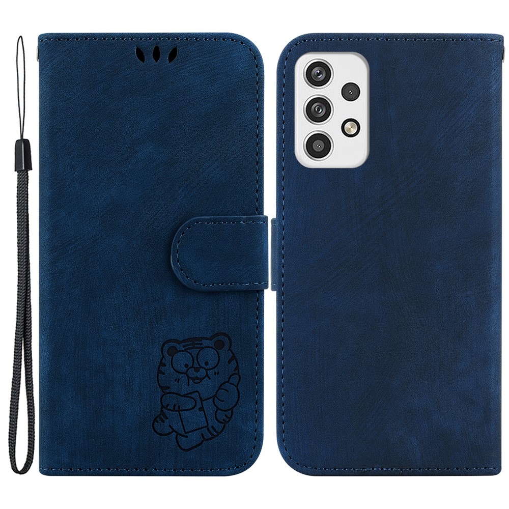 For Samsung Galaxy A73 5G Tiger Pattern Imprinted PU Leather Wallet Phone Cover Flip Stand Case - Dark Blue