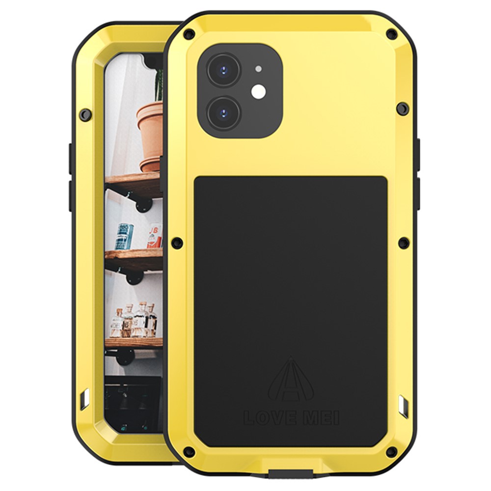 LOVE MEI For iPhone 12 Full Body Protective Cover Shockproof Metal + Silicone Phone Case with Tempered Glass Film - Yellow