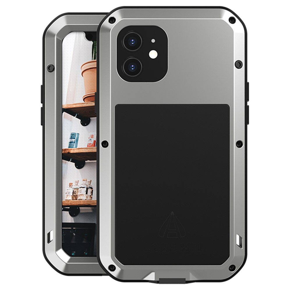 LOVE MEI For iPhone 12 Full Body Protective Cover Shockproof Metal + Silicone Phone Case with Tempered Glass Film - Silver
