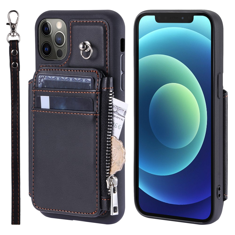 009 Phone Case for iPhone 12 / 12 Pro 6.1 inch , RFID Blocking PU+TPU Cover Kickstand Zipper Wallet Shell with Strap - Black