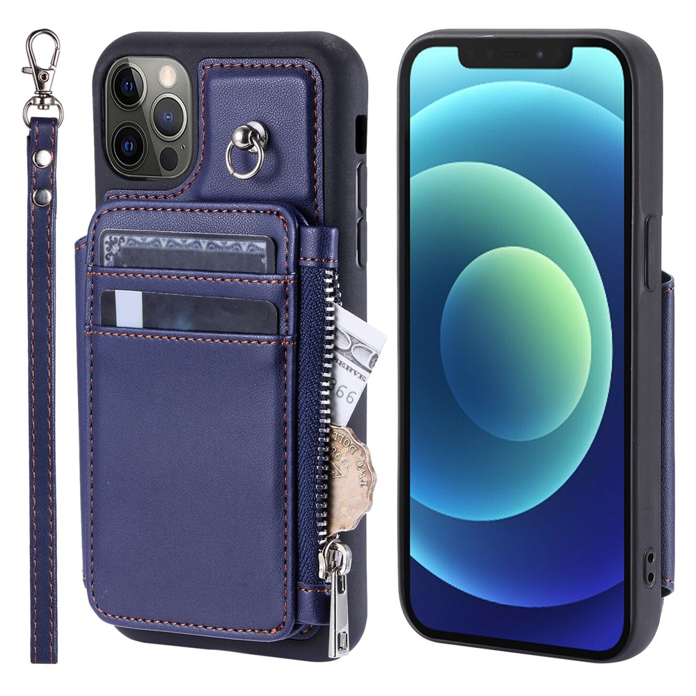 009 Phone Case for iPhone 12 / 12 Pro 6.1 inch , RFID Blocking PU+TPU Cover Kickstand Zipper Wallet Shell with Strap - Blue