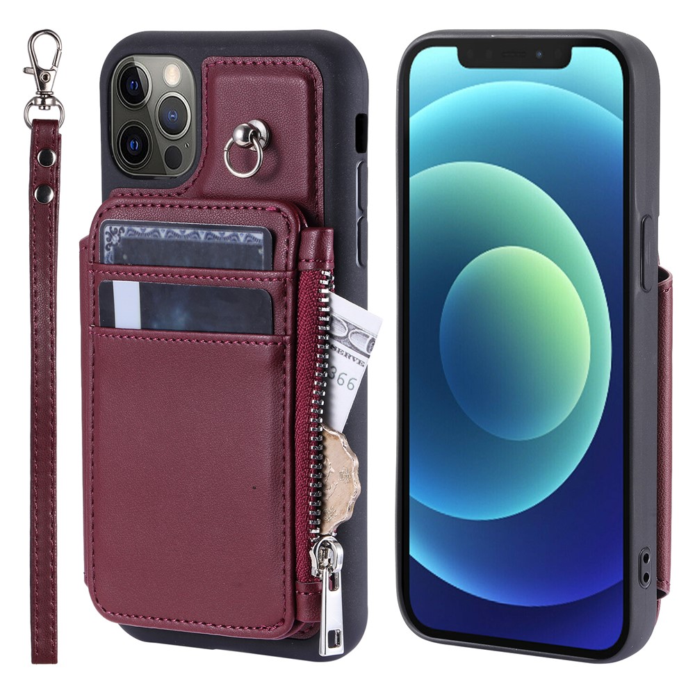009 Phone Case for iPhone 12 / 12 Pro 6.1 inch , RFID Blocking PU+TPU Cover Kickstand Zipper Wallet Shell with Strap - Wine Red