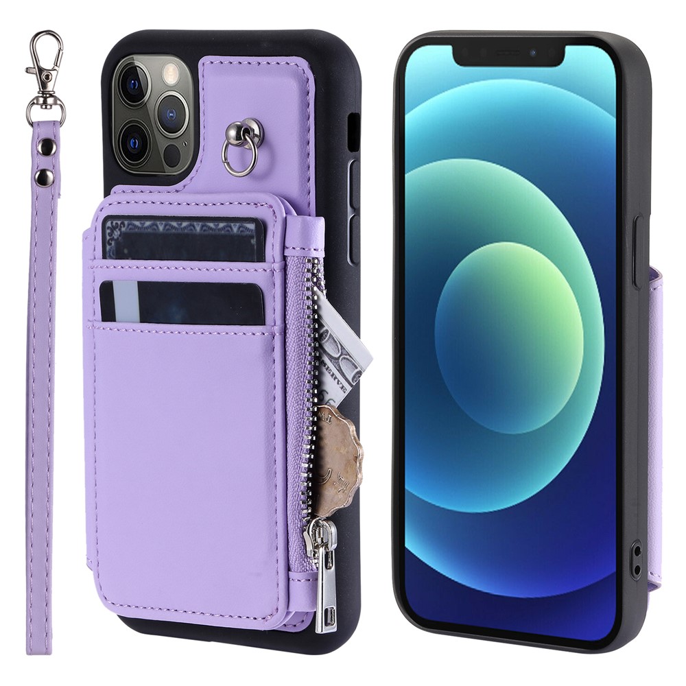 009 Phone Case for iPhone 12 / 12 Pro 6.1 inch , RFID Blocking PU+TPU Cover Kickstand Zipper Wallet Shell with Strap - Purple
