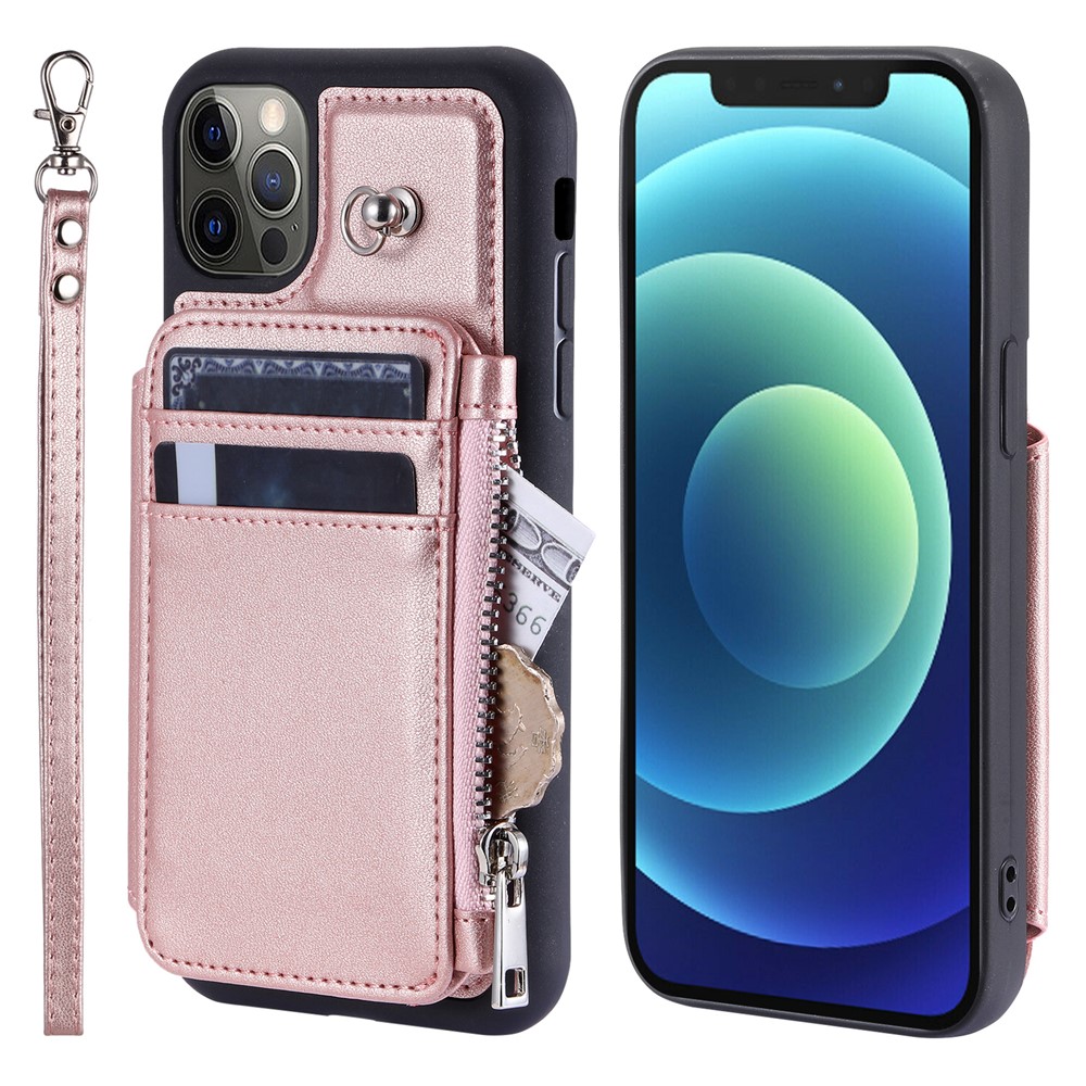 009 Phone Case for iPhone 12 / 12 Pro 6.1 inch , RFID Blocking PU+TPU Cover Kickstand Zipper Wallet Shell with Strap - Rose Gold