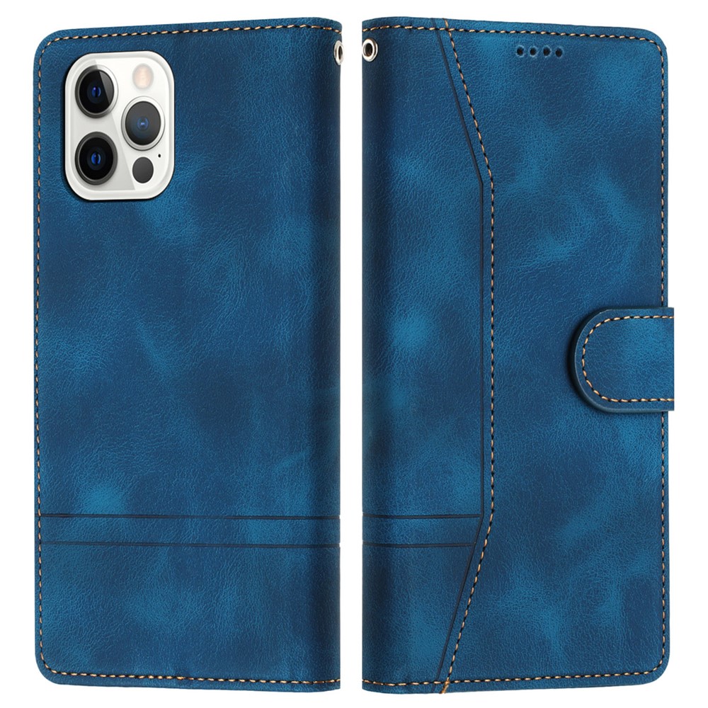 L002 For iPhone 12 / 12 Pro 6.1 inch Retro Lines Imprinted Phone Cover Leather Stand Wallet Case - Blue